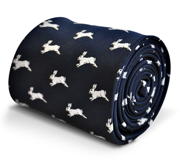 navy tie with leaping rabbit design